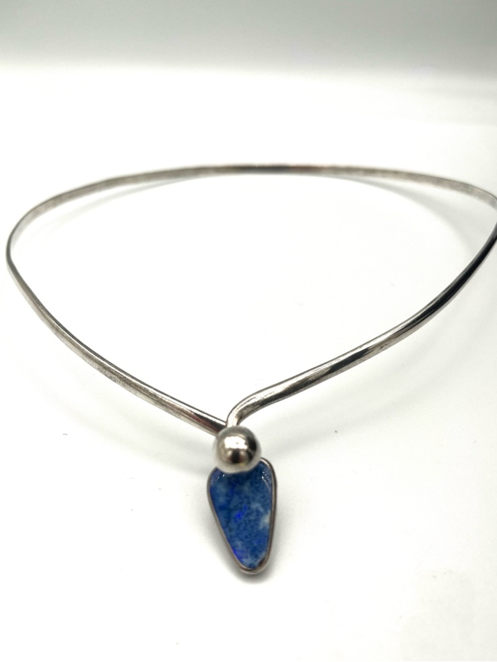 Vintage Modernist Sterling Silver Collar Necklace, Blue Dendritic Lapis Pendant